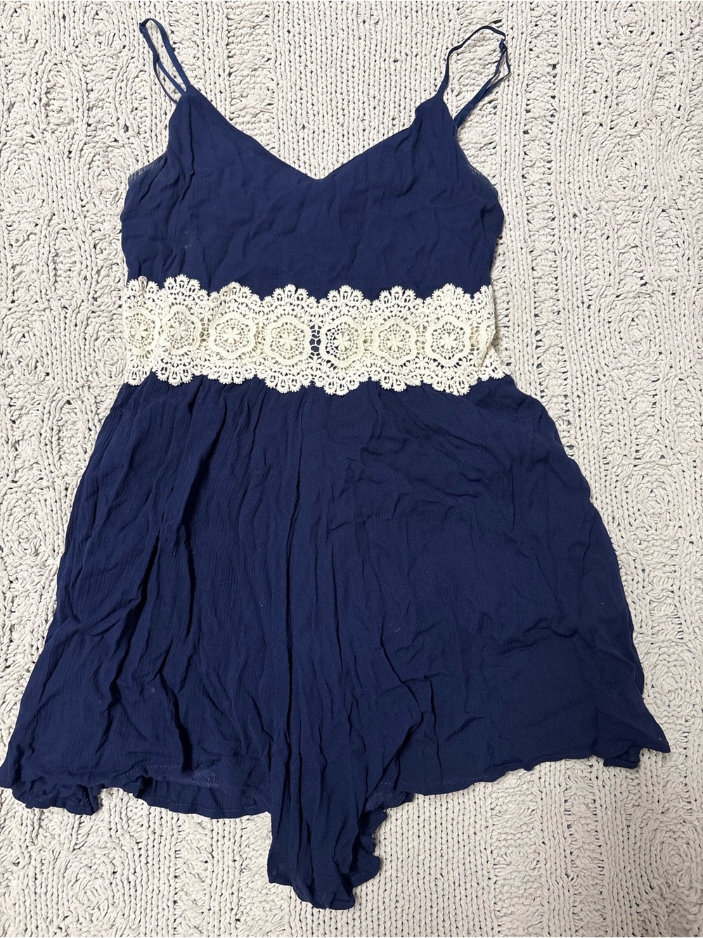Altar'd State Navy Blue Romper with Cream Crochet Waist -Altard State